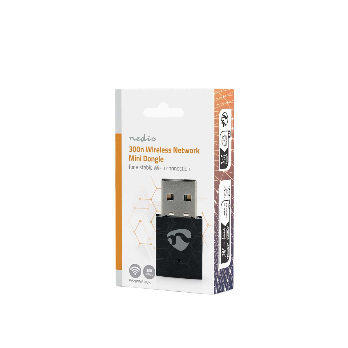 Verpackung eines Nedis 300n Wireless Network Mini Dongles mit integriertem WLAN-Stick auf weißem Grund.