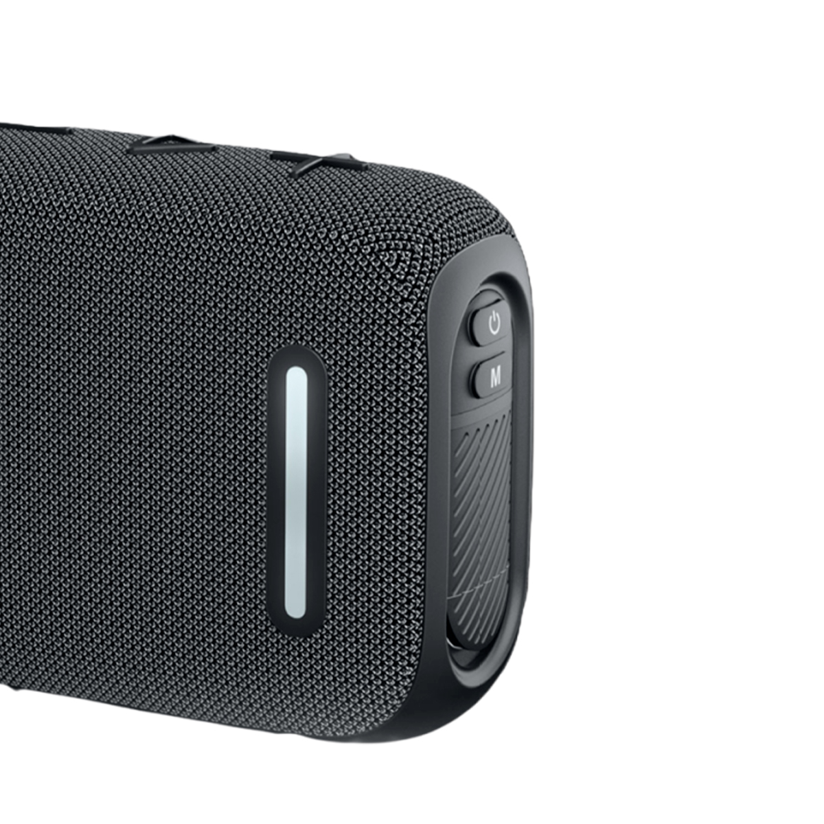Un altoparlante Bluetooth grigio in tessuto con luce LED verticale e pulsanti laterali.