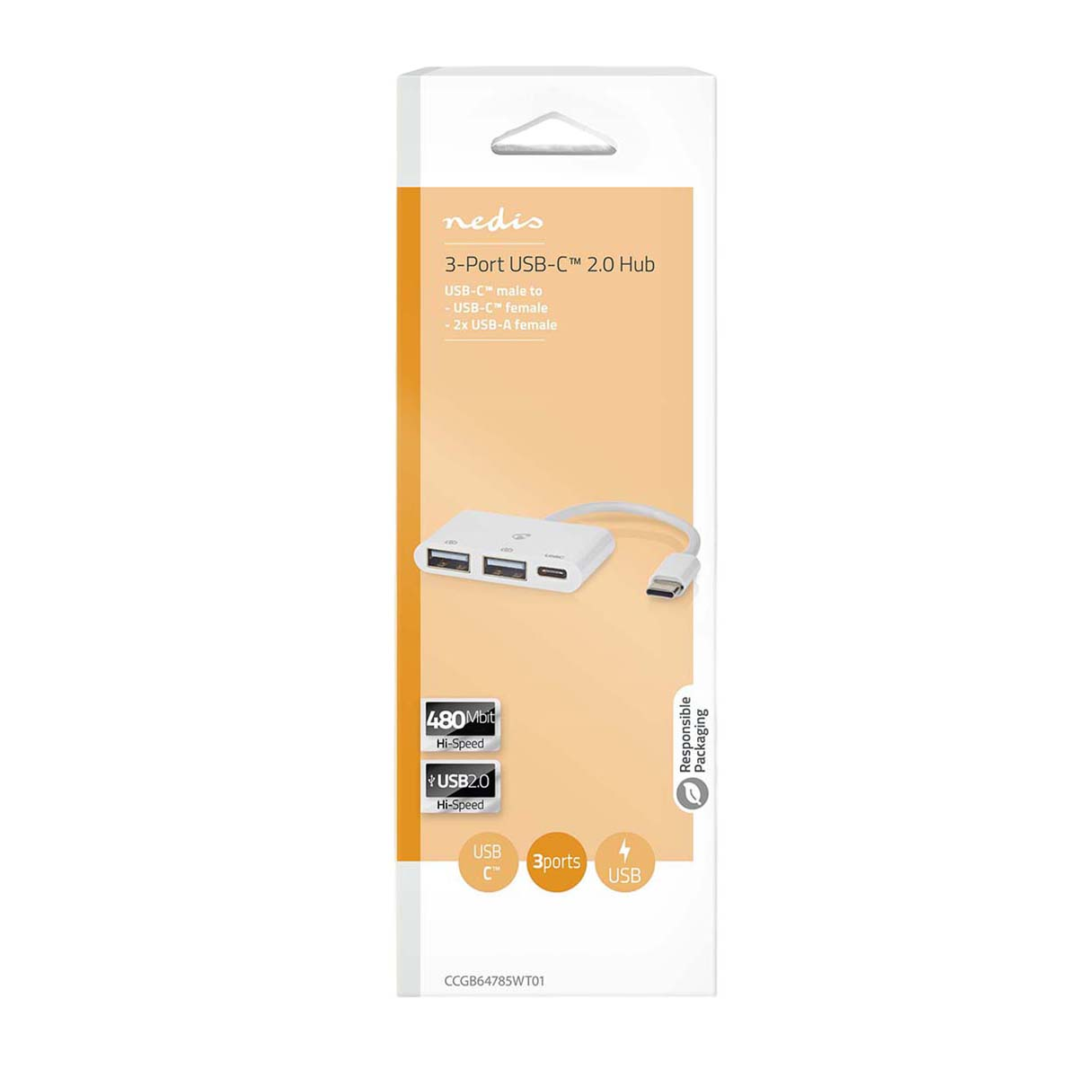 Weiße und orangefarbene Verpackung für einen Nedis 3-Port USB-C 2.0 Hub.