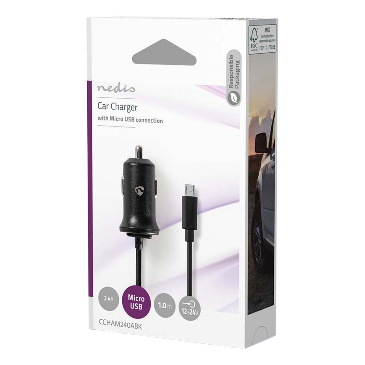 Produktverpackung eines Nedis Kfz-Ladegeräts mit Micro-USB-Kabel und Auto-Symbol auf der rechten Seite.