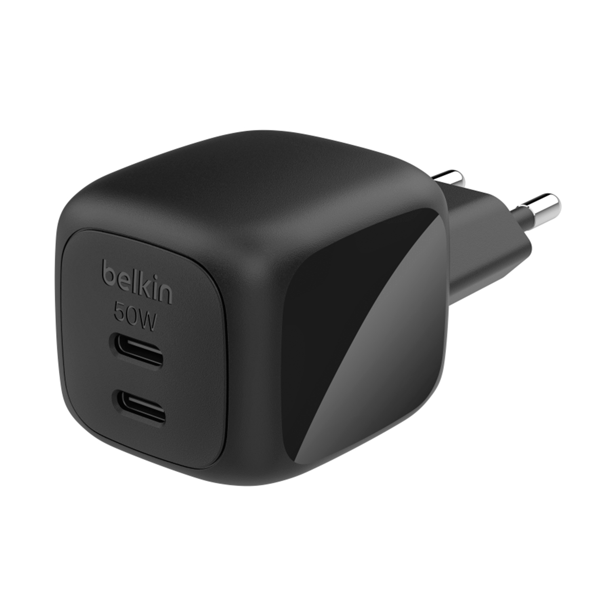 Caricabatterie da muro USB-C Belkin nero da 50W con due porte.