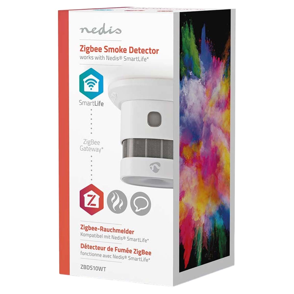 Confezione di un rilevatore di fumo Nedis Zigbee bianco con schizzi di vernice colorati e loghi.