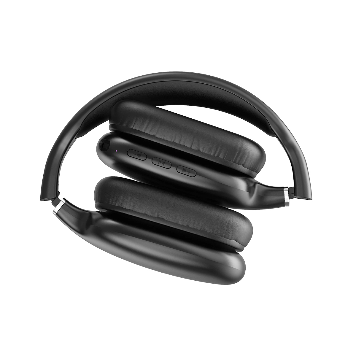 Cuffie over-ear nere con cuscinetti imbottiti e pulsanti di controllo integrati su uno sfondo bianco.