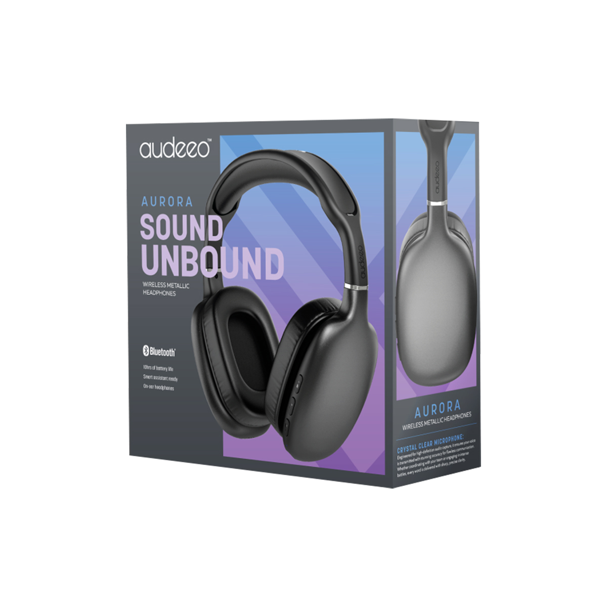 Scatola di cuffie metalliche wireless Audeeo Aurora con cuffie nere mostrate sul davanti.