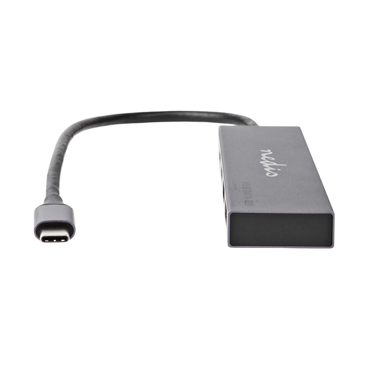 Ein grauer USB-C-Hub mit einem Kabel und einem Typ-C-Anschluss gegen einen weißen Hintergrund.