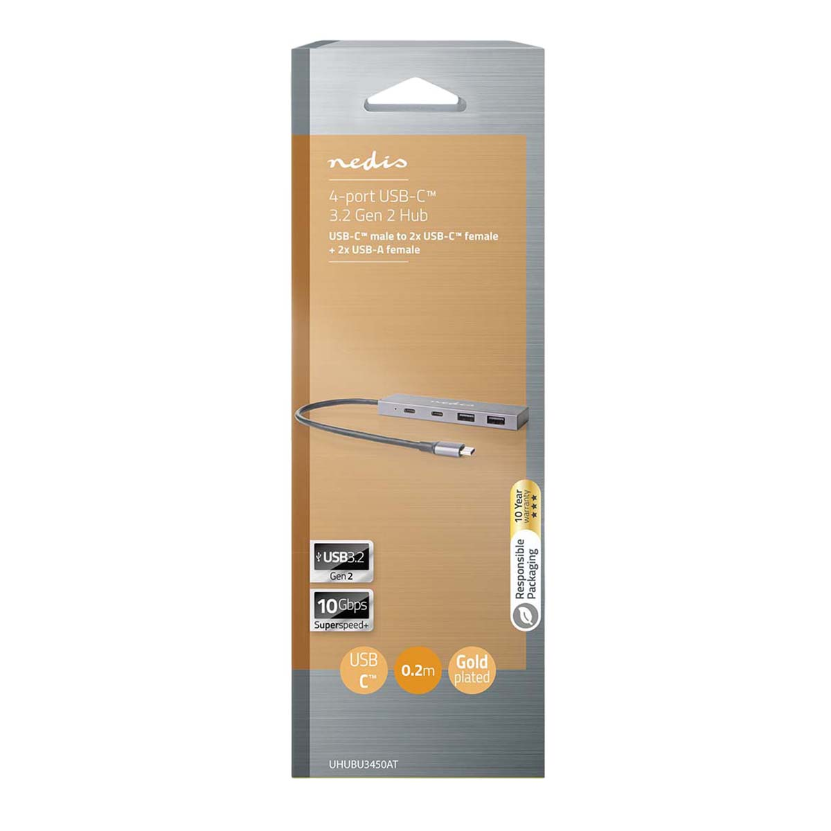 Verpackung eines grauen Nedis 4-Port USB-C 3.2 Gen 2 Hubs mit Kabel und Spezifikationen.