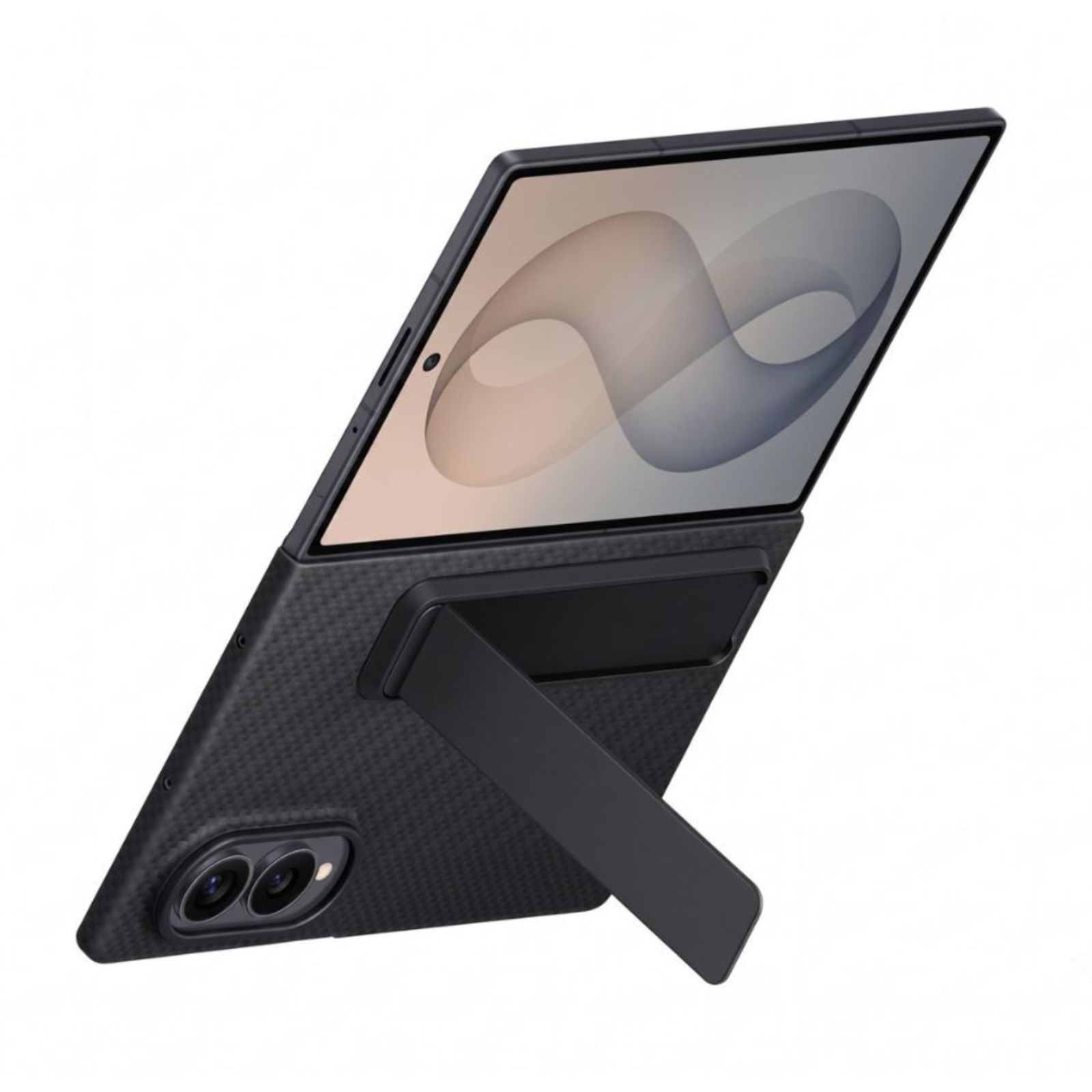 Un smartphone negro en una funda texturizada con soporte extendido y un fondo de pantalla abstracto.