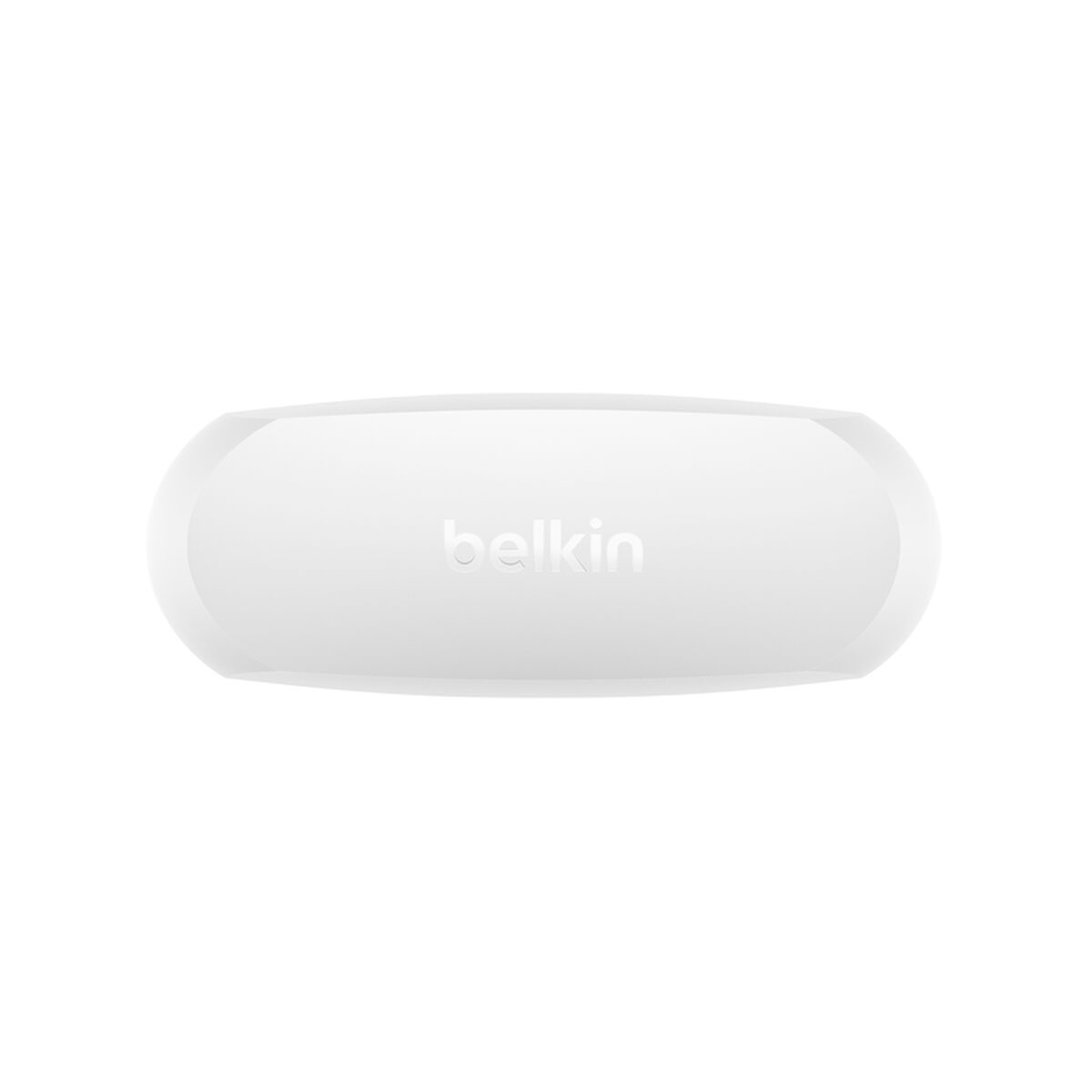 Un dispositivo Belkin ellittico bianco con bordi arrotondati su sfondo bianco.