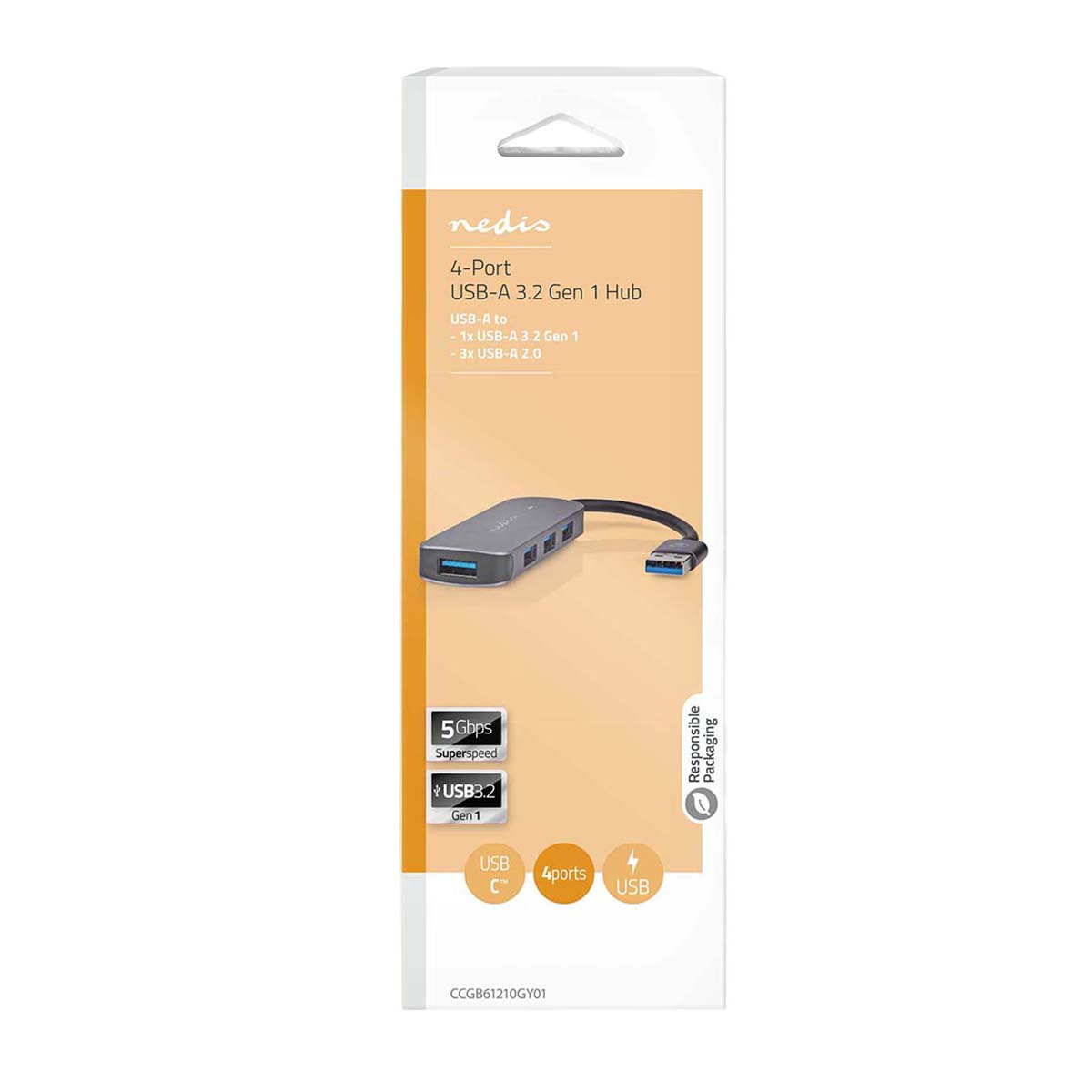 Scatola bianca e arancione per un hub Nedis a 4 porte USB-A 3.2 Gen 1, con immagine del prodotto e dettagli.