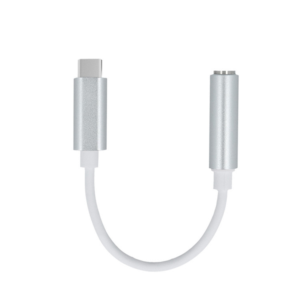 Un cavo adattatore da USB-C a jack audio da 3,5 mm su sfondo bianco.