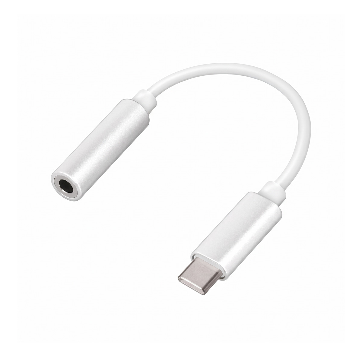 Un cavo adattatore da USB-C a jack audio da 3,5 mm su sfondo bianco.