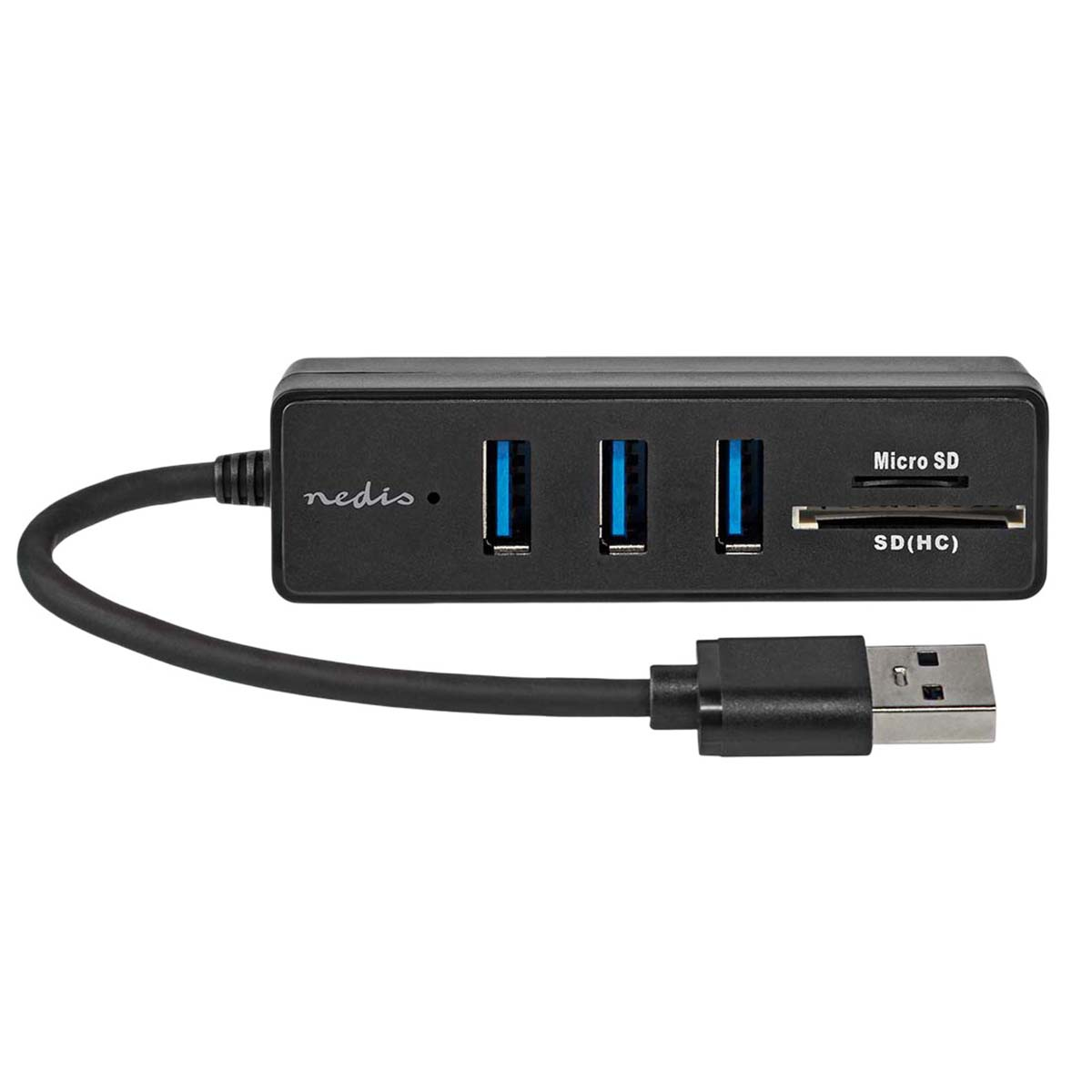 Un hub USB nero con tre porte USB 3.0, lettori di schede SD e Micro SD e un cavo collegato.