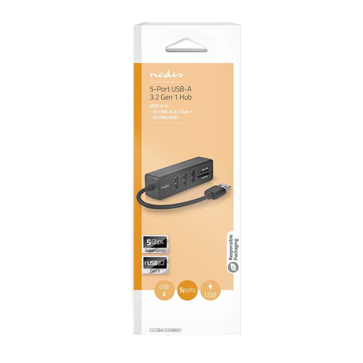 Confezione di un hub Nedis USB-A 3.2 Gen 1 a 5 porte con illustrazione del dispositivo e specifiche tecniche.