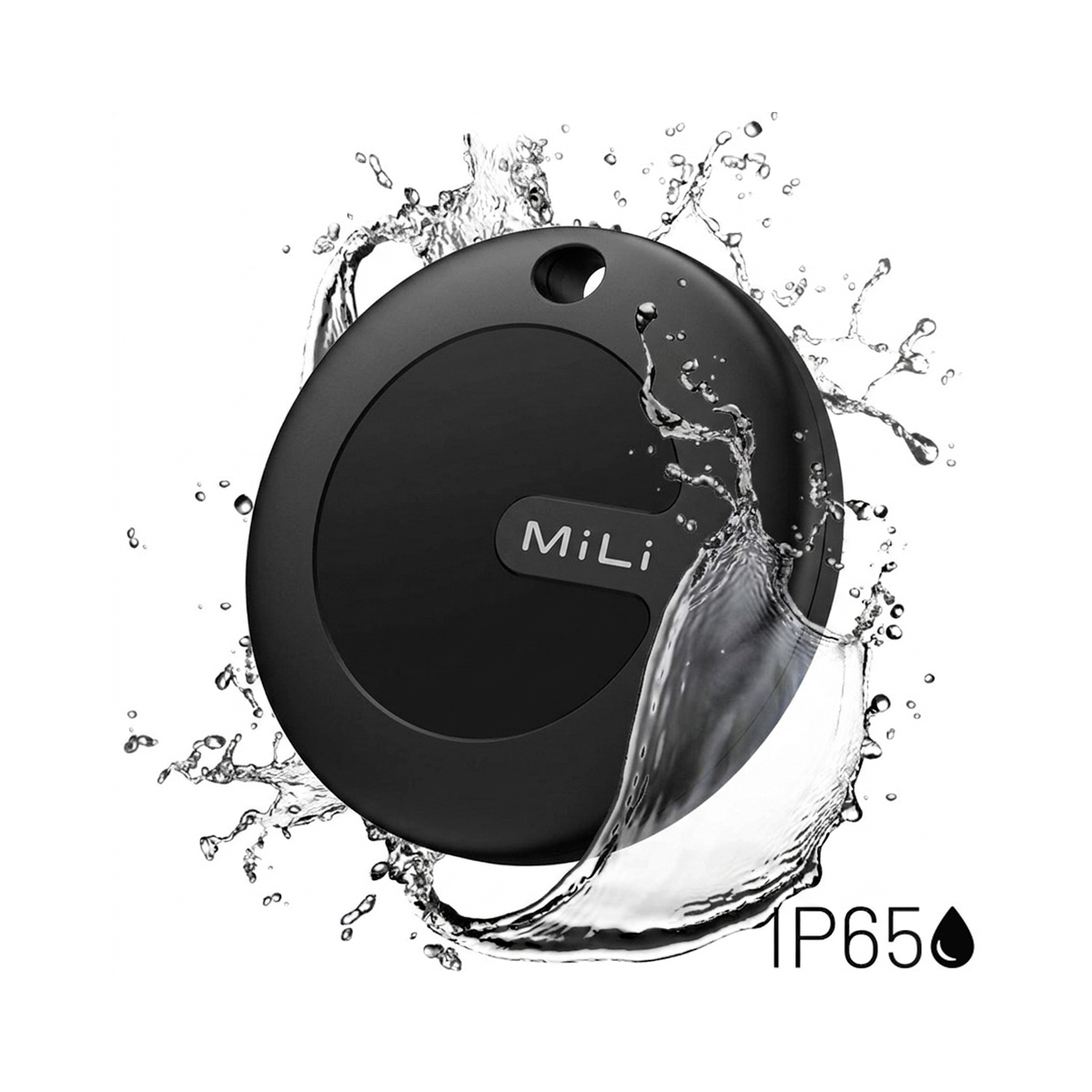 Gadget noir MiLi entouré d'éclaboussures d'eau et icône IP65.