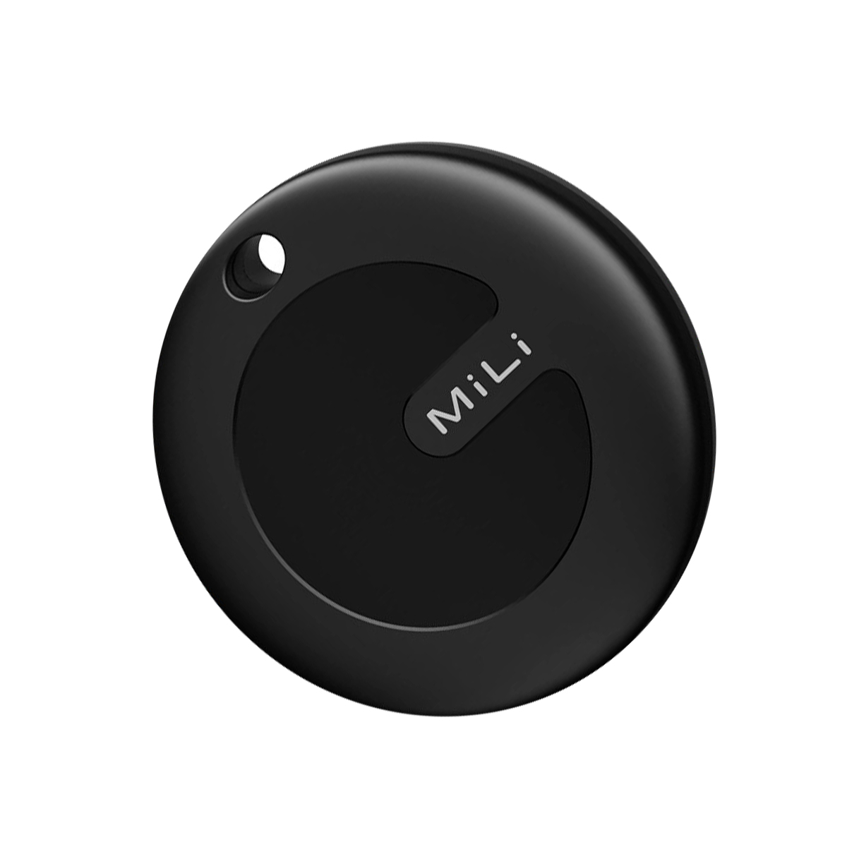 Un traqueur intelligent MiLi noir et rond avec un trou sur le dessus, sur fond blanc.