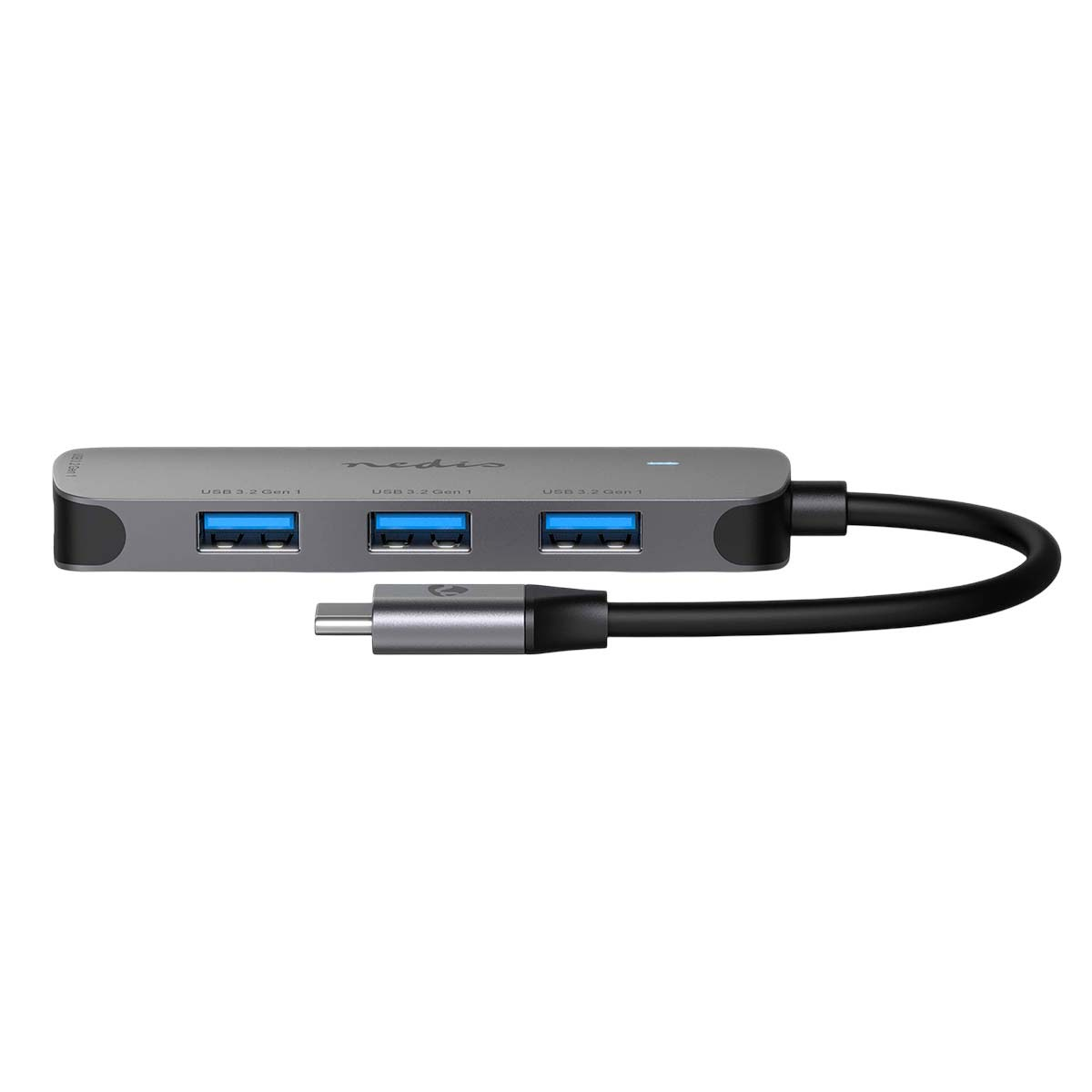 Un hub USB-C grigio con tre porte USB blu e un cavo USB-C collegato.