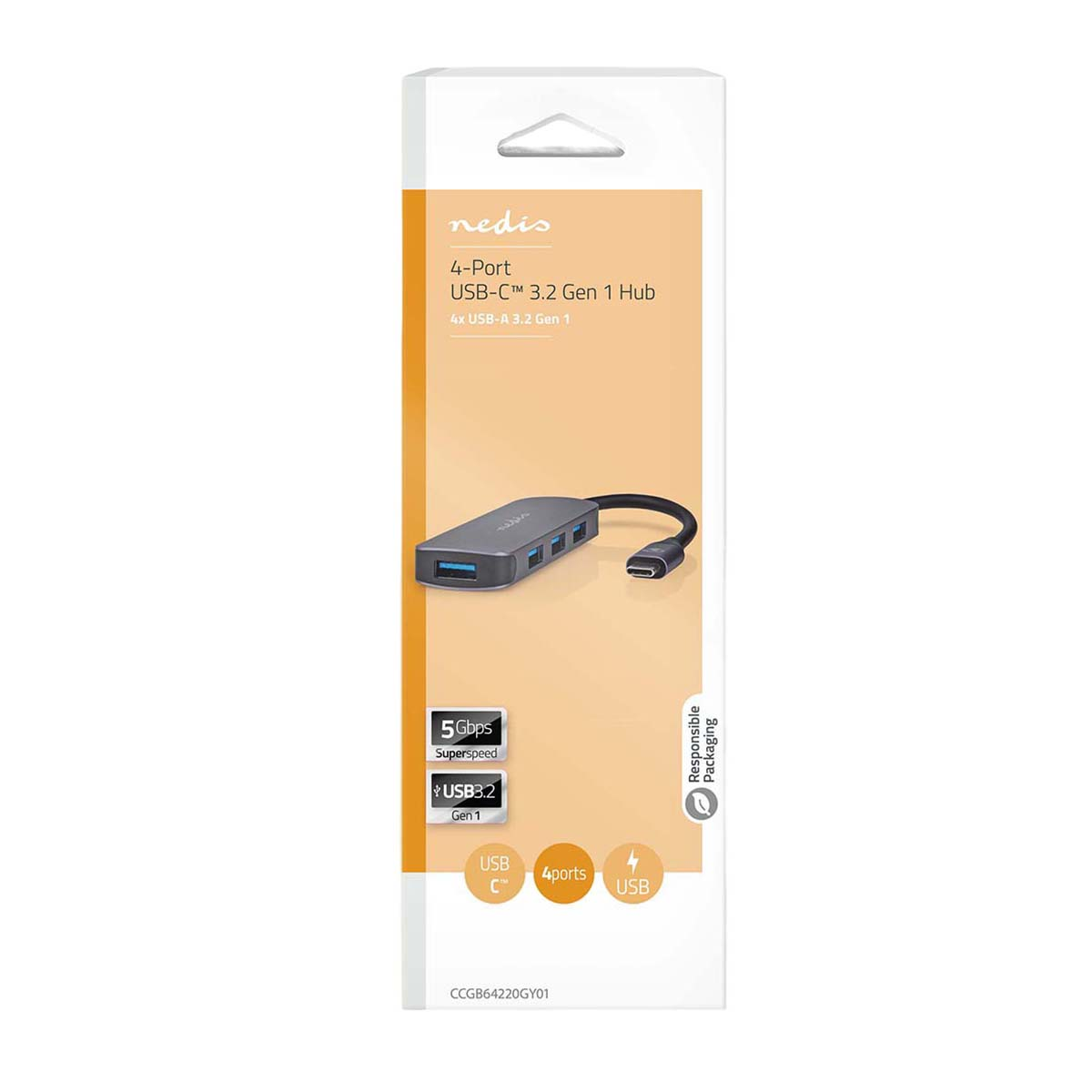 Confezione per hub USB-C 3.2 Gen 1 a 4 porte Nedis con dettagli arancioni e immagine.