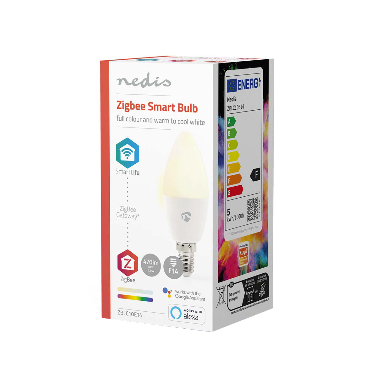 Confezione di lampadina smart Nedis Zigbee, con la lampadina a candela, etichetta energetica e loghi di compatibilità.