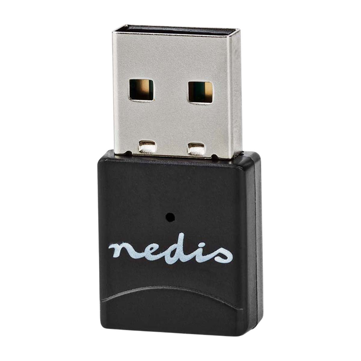 Ein kompakter schwarzer USB-Adapter mit silbernem Anschluss und weißem Nedis-Logo auf weißem Hintergrund.