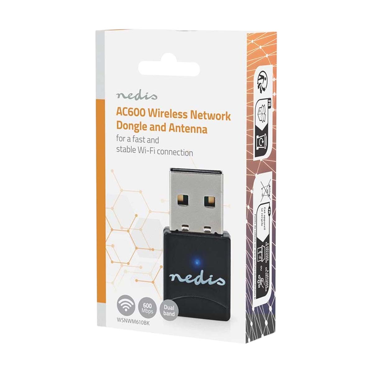 Verpackung eines Nedis AC600 USB-WLAN-Adapters mit schwarzem Dongle auf weißem und orangefarbenem Hintergrund.