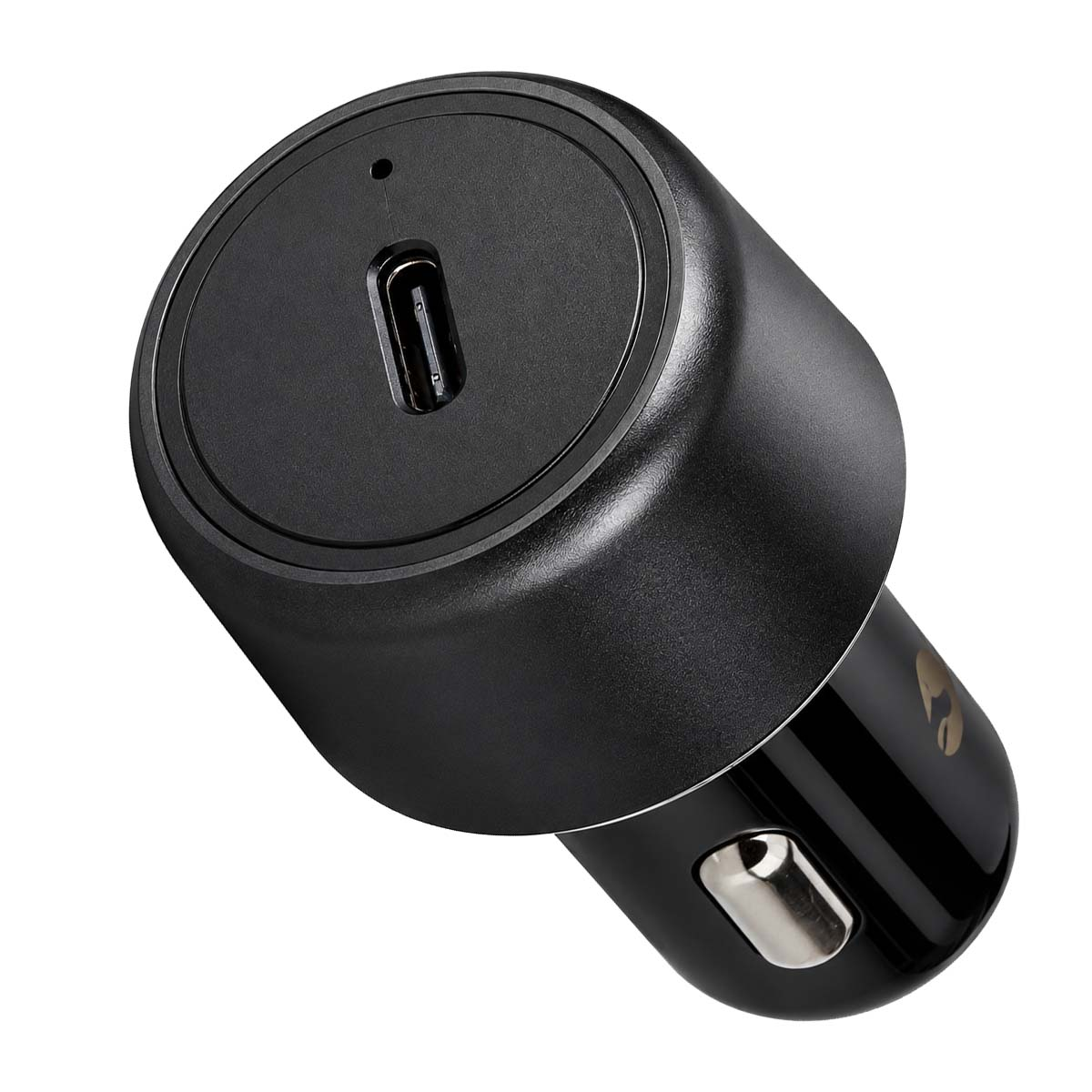 Schwarzes USB-C-Autoladegerät mit einem USB-C-Anschluss und einer kleinen LED-Leuchte auf weißem Hintergrund.