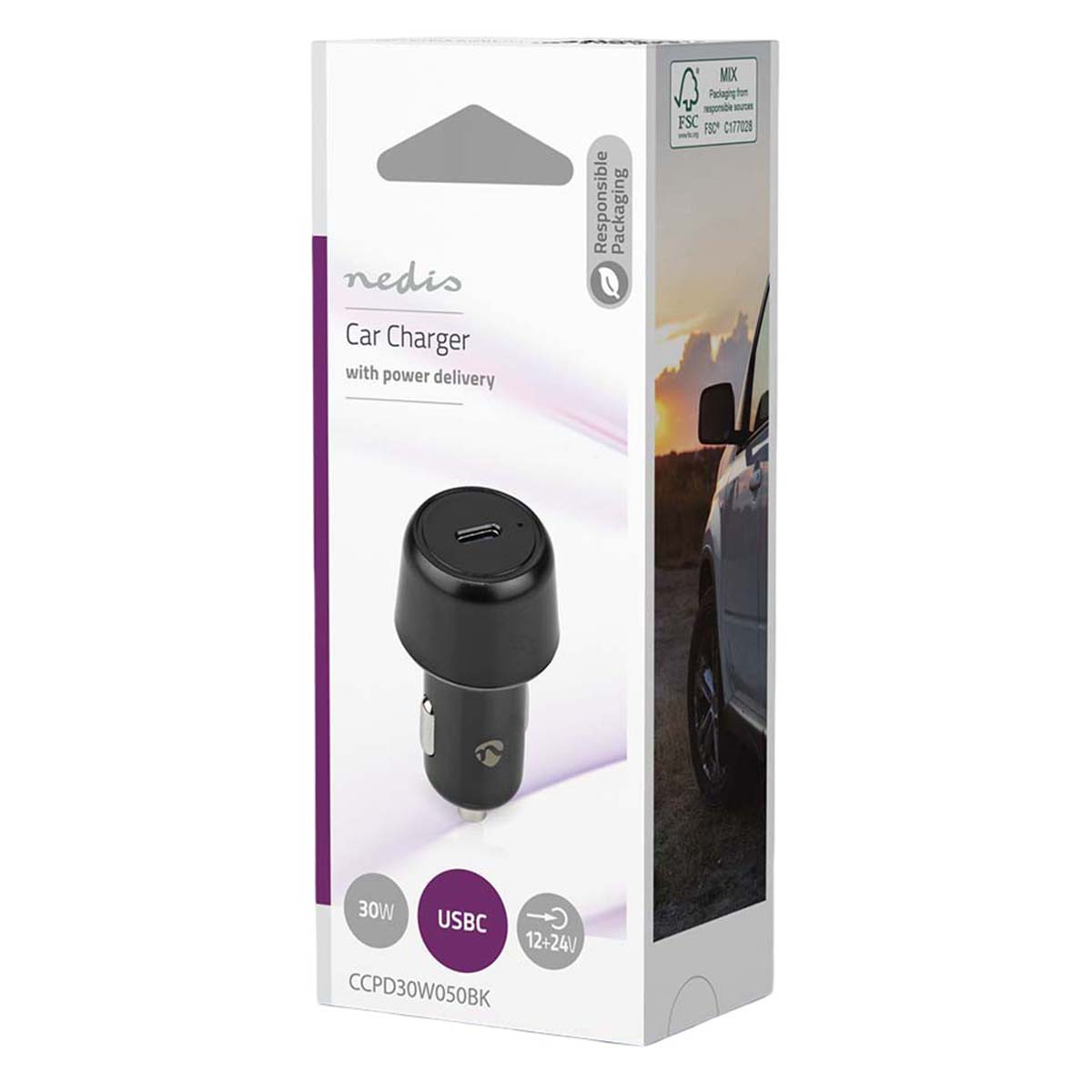 Weiße und lila Verpackung für ein schwarzes Nedis USB-C Autoladegerät mit Auto-Bild und Daten.