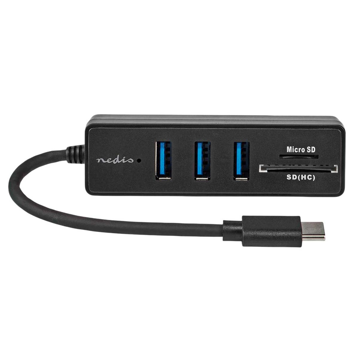 Schwarzer USB-C-Hub mit drei USB-Ports und Kartenleser für Micro-SD- und SD-Karten.