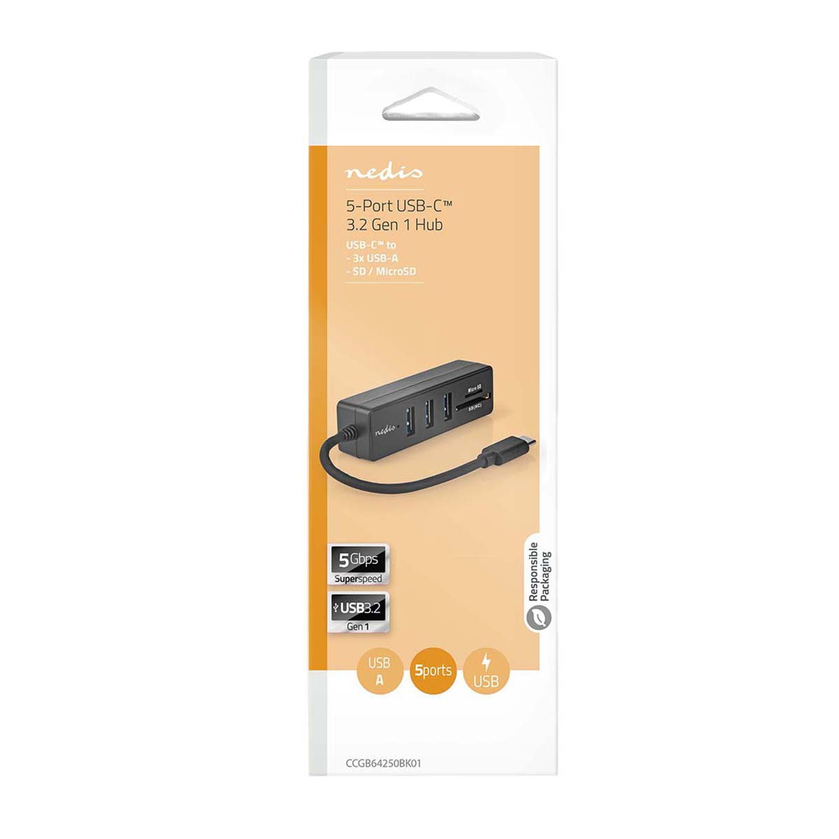Verpackung für Nedis 5-Port-USB-C-Hub, zeigt das schwarze Gerät mit angeschlossenem Kabel auf weiß-orangefarbener Box.