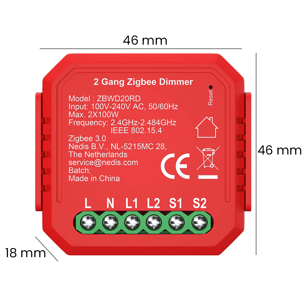 Roter Zigbee 2-Kanal-Dimmer mit technischen Daten und Abmessungen.