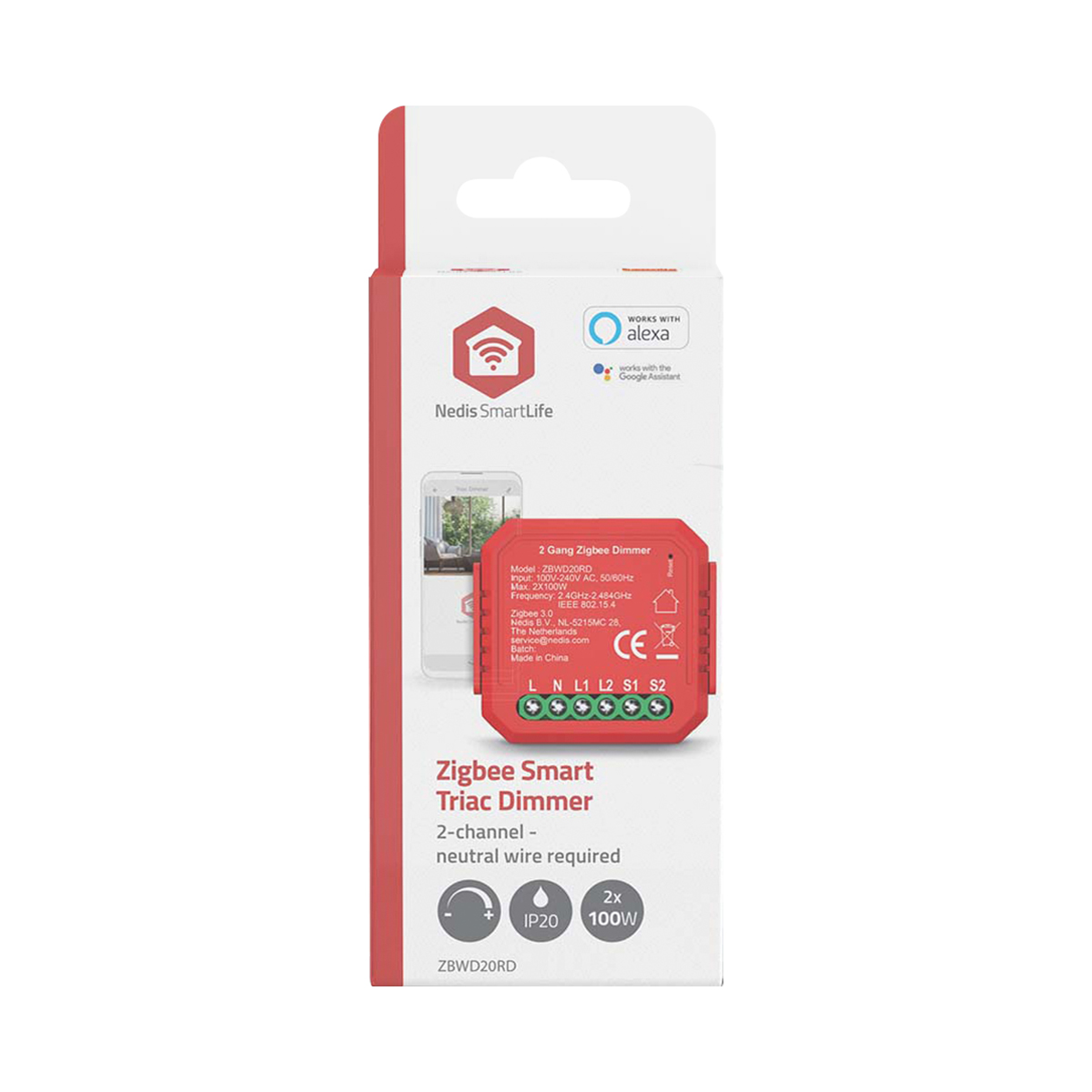 Verpackung für Nedis SmartLife Zigbee Smart Triac Dimmer mit rotem Design, Alexa-Kompatibilität und Produktdaten.