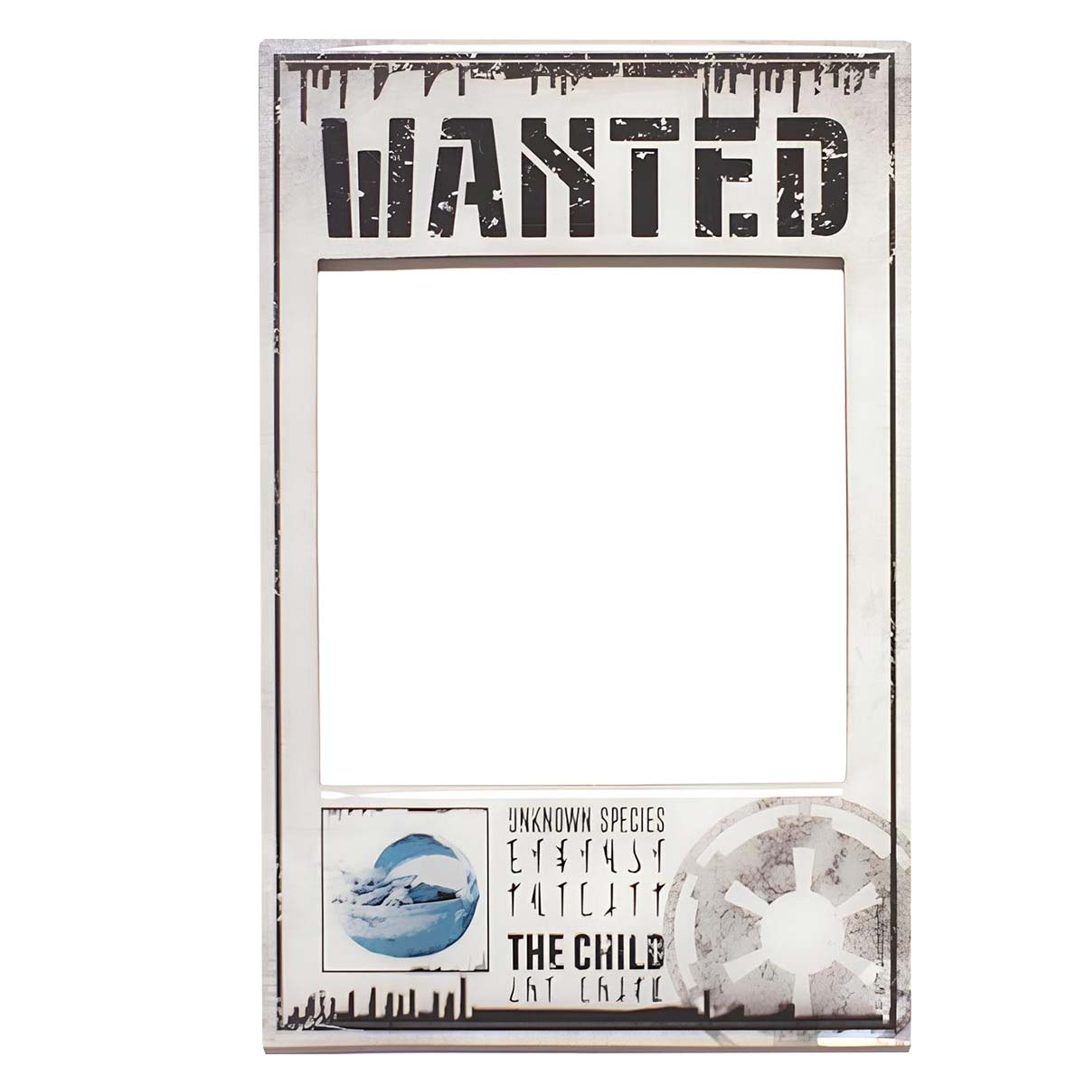 Un póster blanco con la inscripción WANTED, espacio para foto y símbolos.