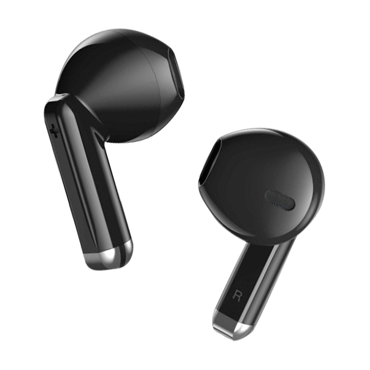 Due auricolari wireless neri lucidi con punte argentate su sfondo bianco.