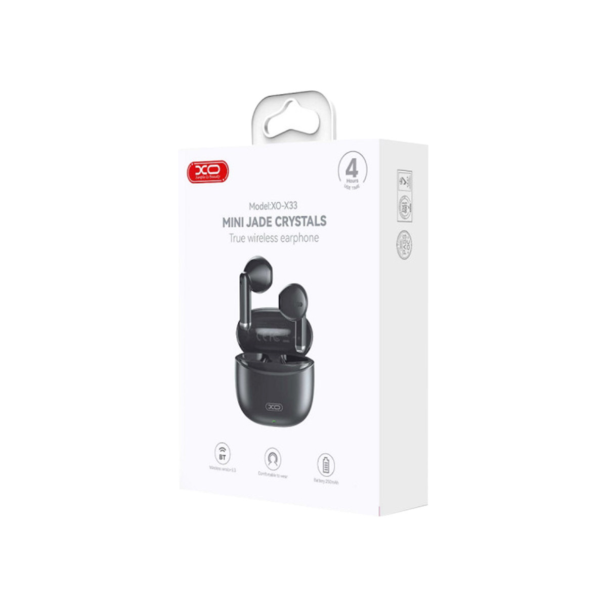 Scatola di imballaggio bianca per auricolari wireless XO-X33 Mini Jade Crystals con immagine e icone.