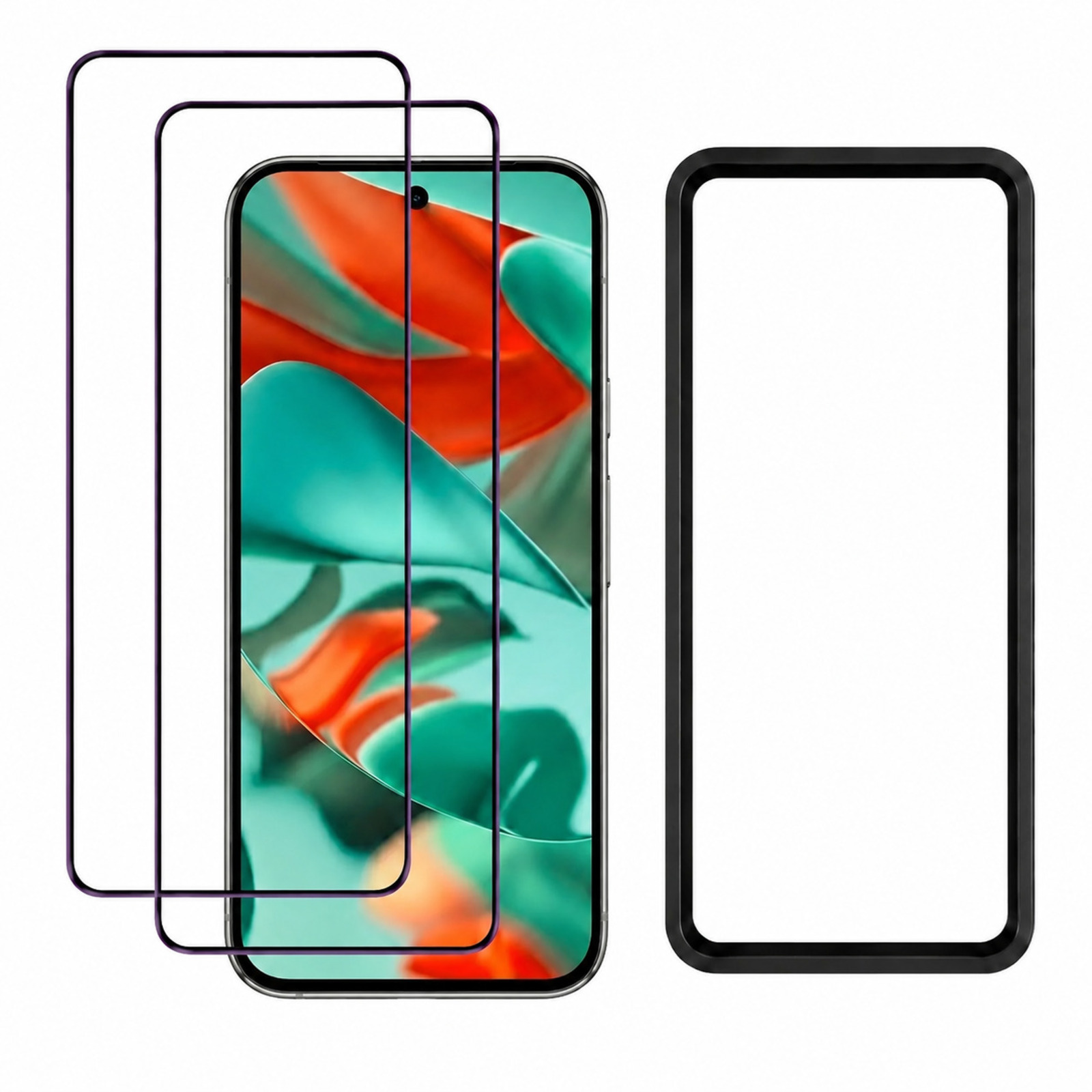 Smartphone con dos protectores de pantalla y un marco de alineación sobre fondo blanco.