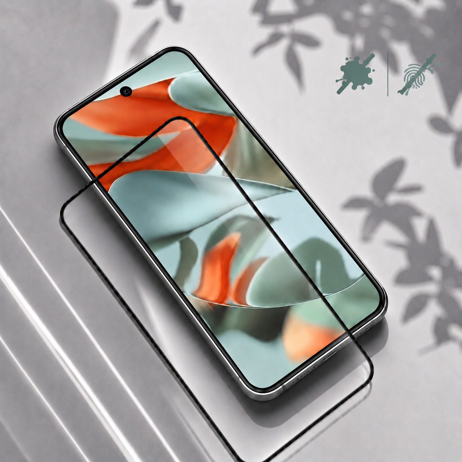 Un teléfono inteligente con un protector de pantalla curvo colocado sobre su pantalla en una superficie gris.