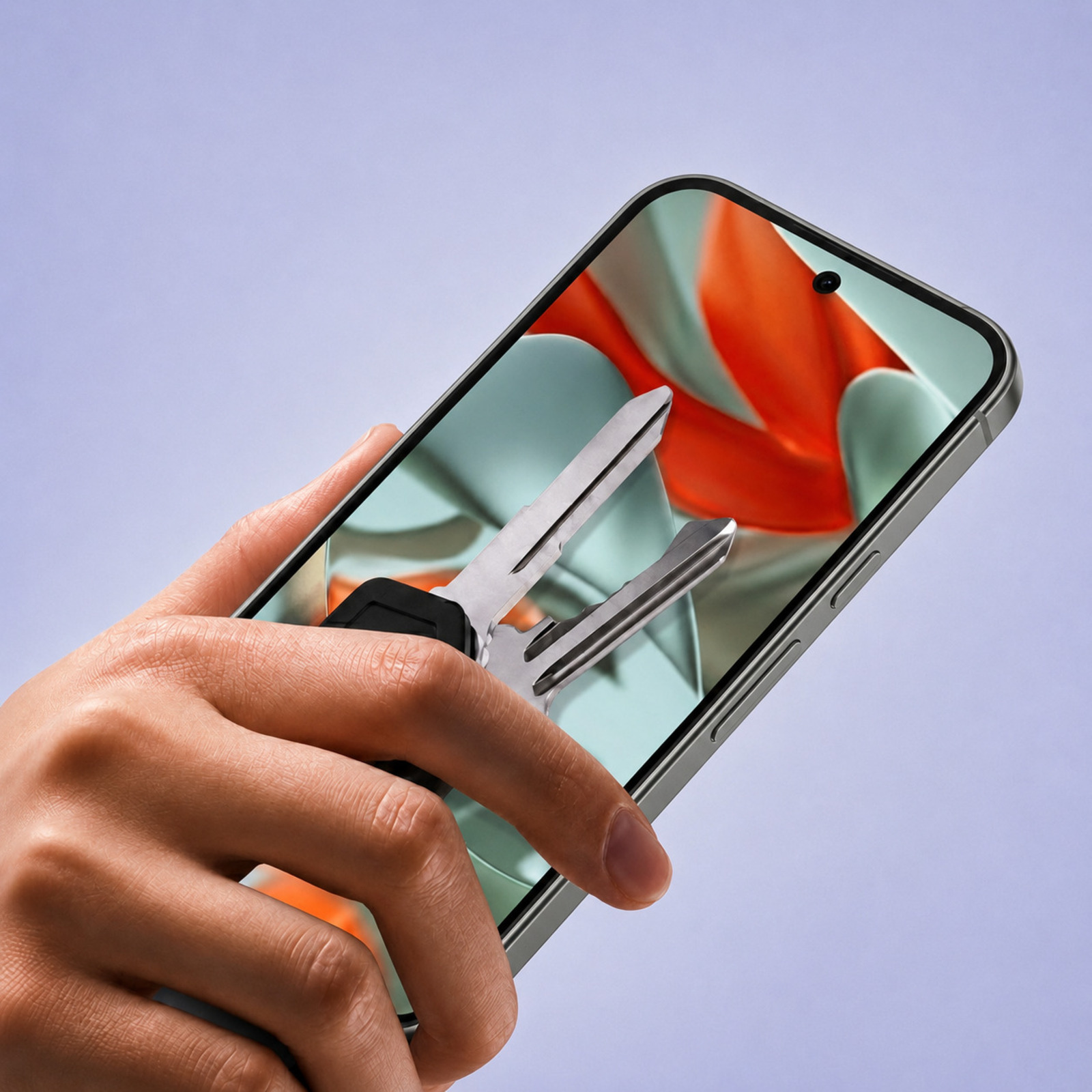 Una mano sosteniendo un smartphone con fondo abstracto naranja y turquesa.
