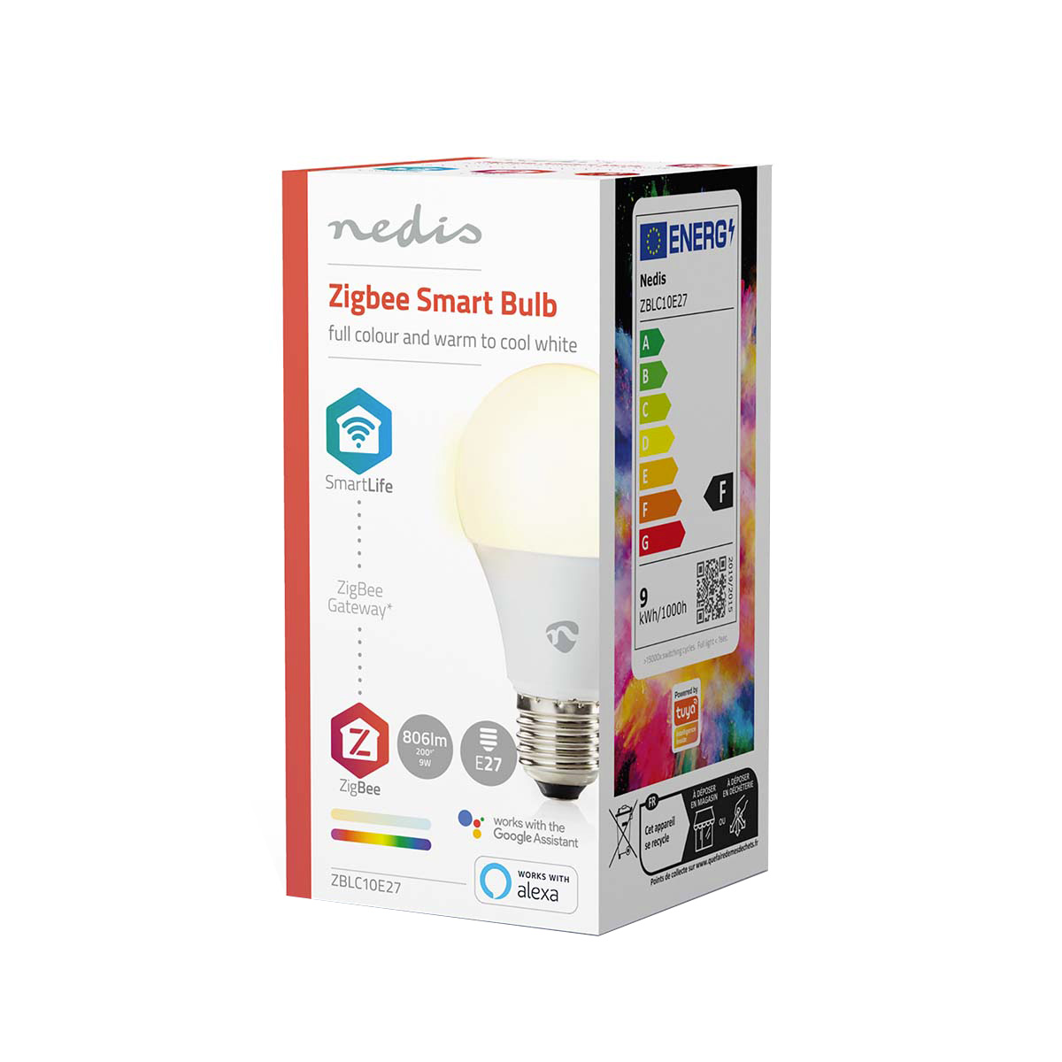 Confezione di una lampadina intelligente Nedis Zigbee bianca con luce colorata e bianca.