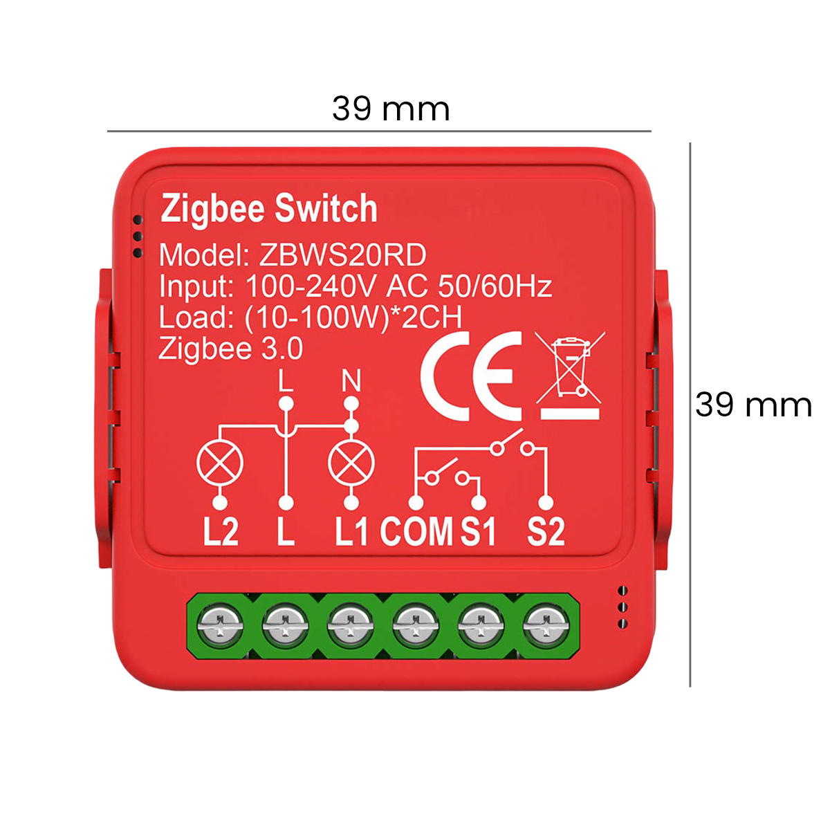Roter Zigbee-Schalter, Modell ZBWS20RD, mit Verdrahtungsdiagramm und grüner Schraubklemme unten, 39x39 mm groß.