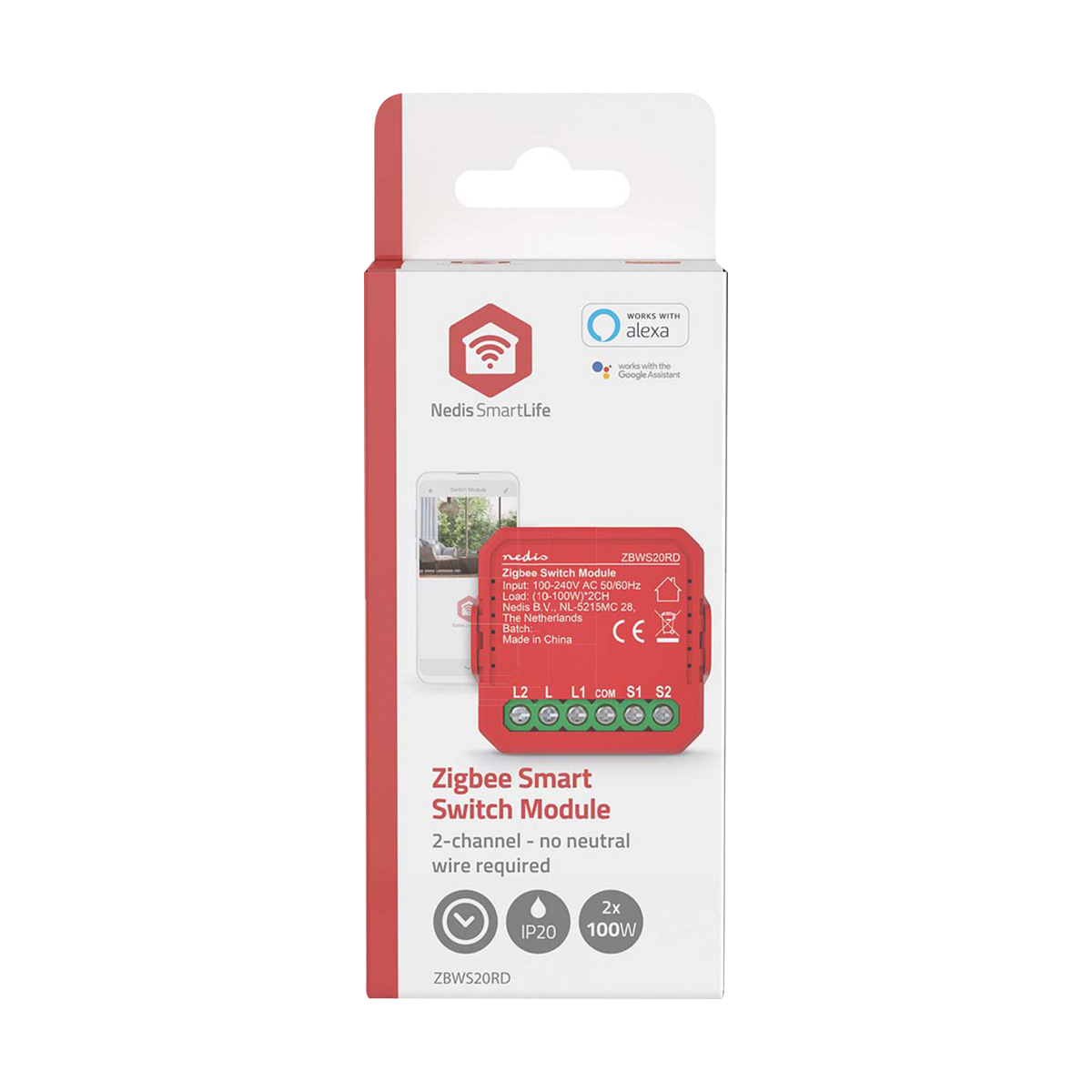 Verpackung eines Nedis SmartLife Zigbee Smart Switch Moduls auf weißem Grund mit roten Akzenten.