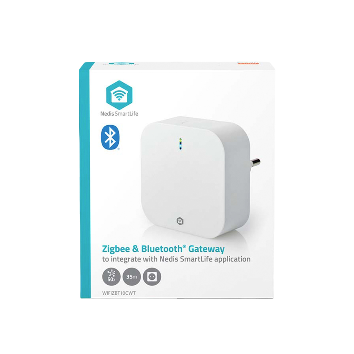 Produktverpackung eines weißen Zigbee und Bluetooth Gateways von Nedis SmartLife auf weißem Hintergrund.