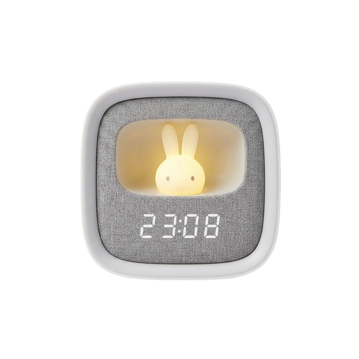 Orologio digitale quadrato bianco con tessuto grigio, lucina coniglietto gialla e ora bianca.