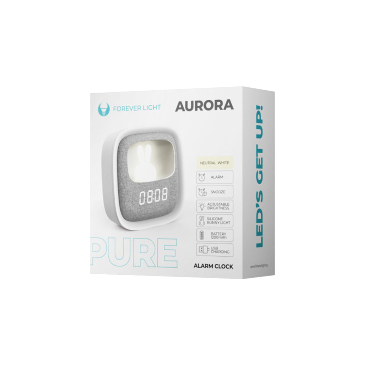 Scatola della sveglia Forever Light Aurora con display digitale e design a coniglietto.