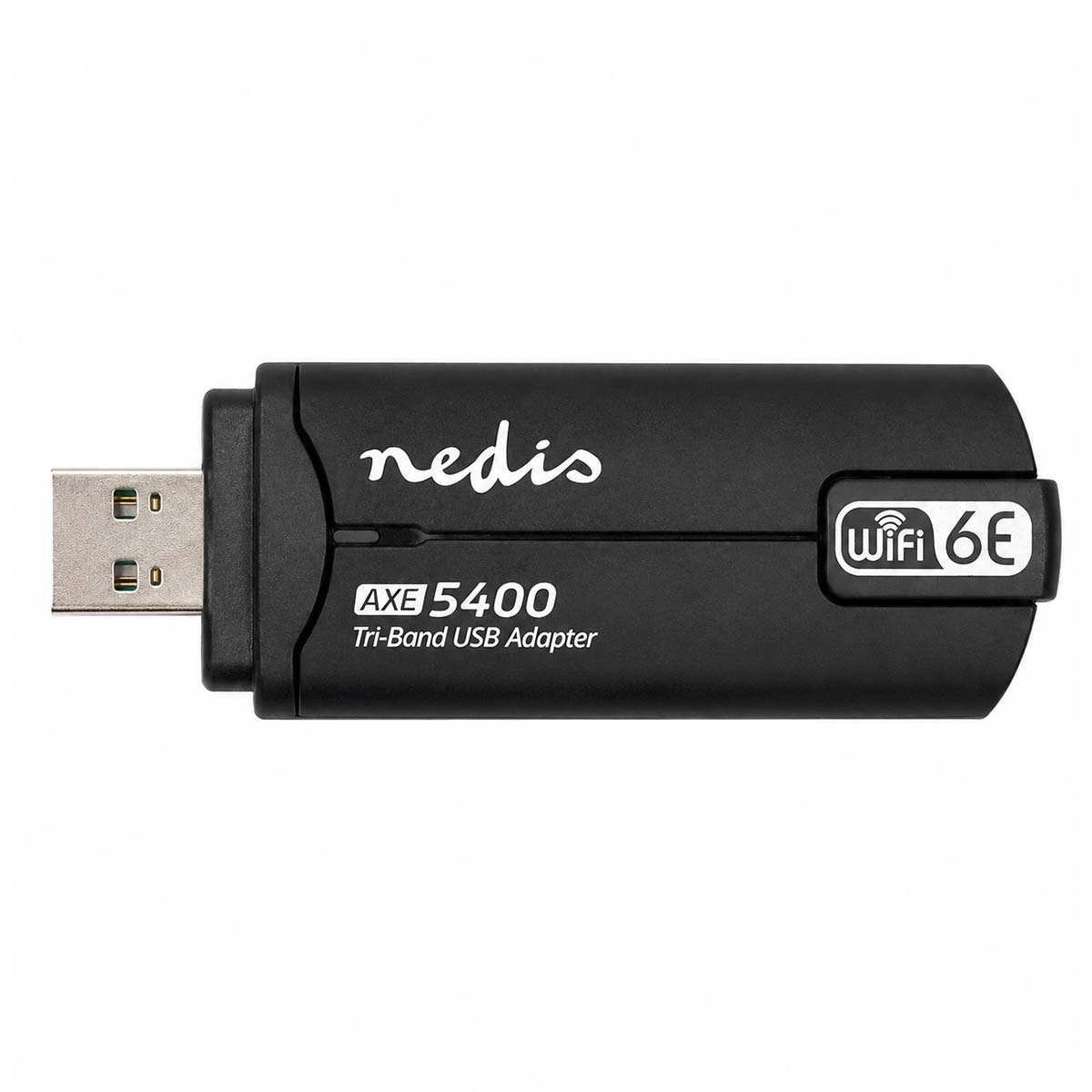 Schwarzer Nedis AXE5400 Tri-Band USB-Adapter mit WiFi 6E Logo auf weißem Hintergrund.