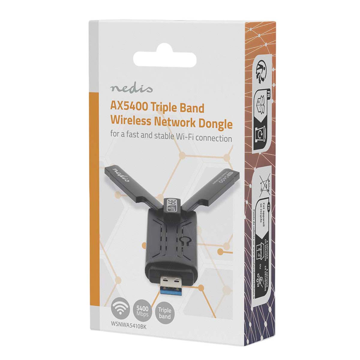 Produktverpackung eines Nedis AX5400 Triple Band WLAN-Netzwerk-Dongles mit zwei Antennen.