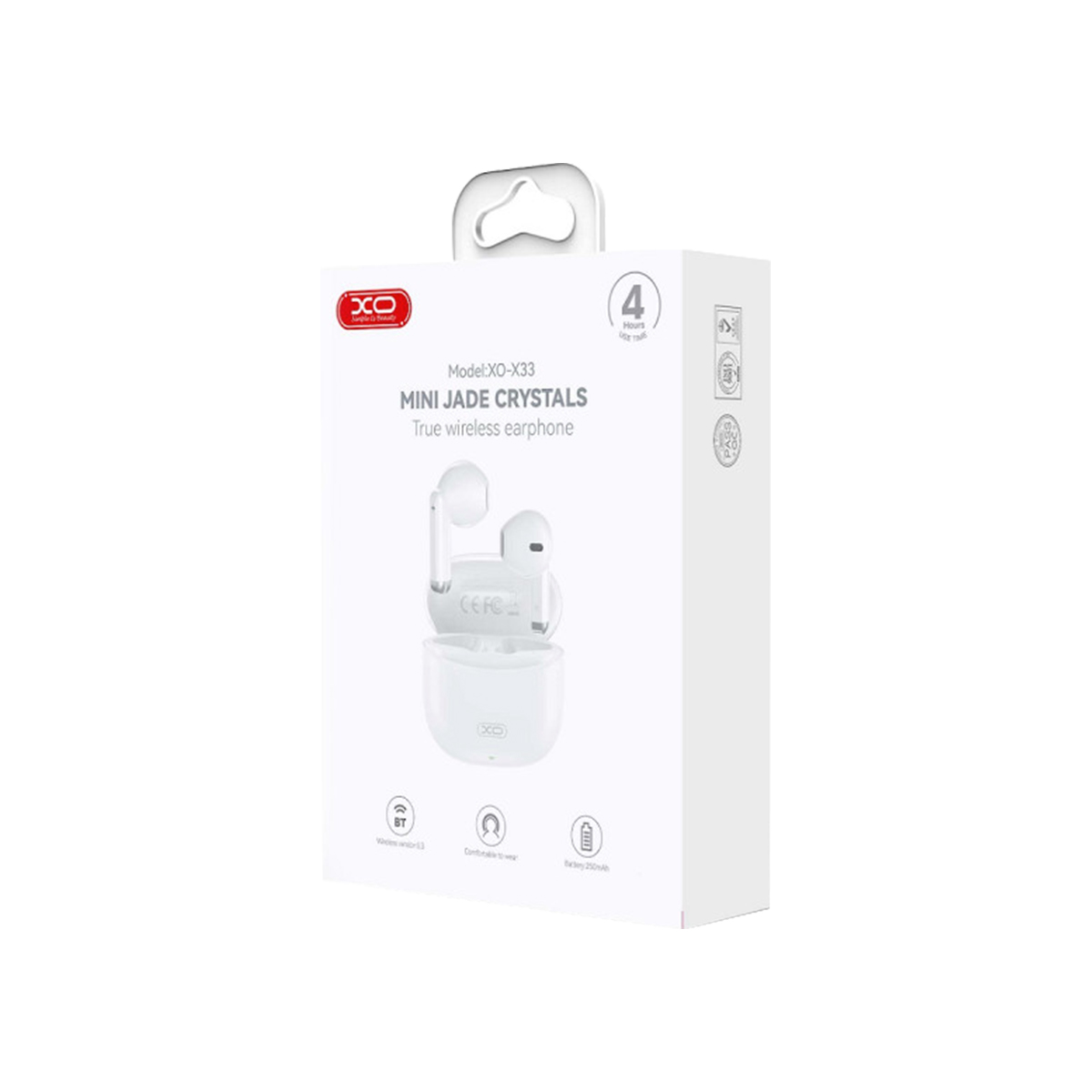 Weiße Produktverpackung für XO-X33 Mini Jade Crystals True Wireless Earphones mit Abbildung des Inhalts.