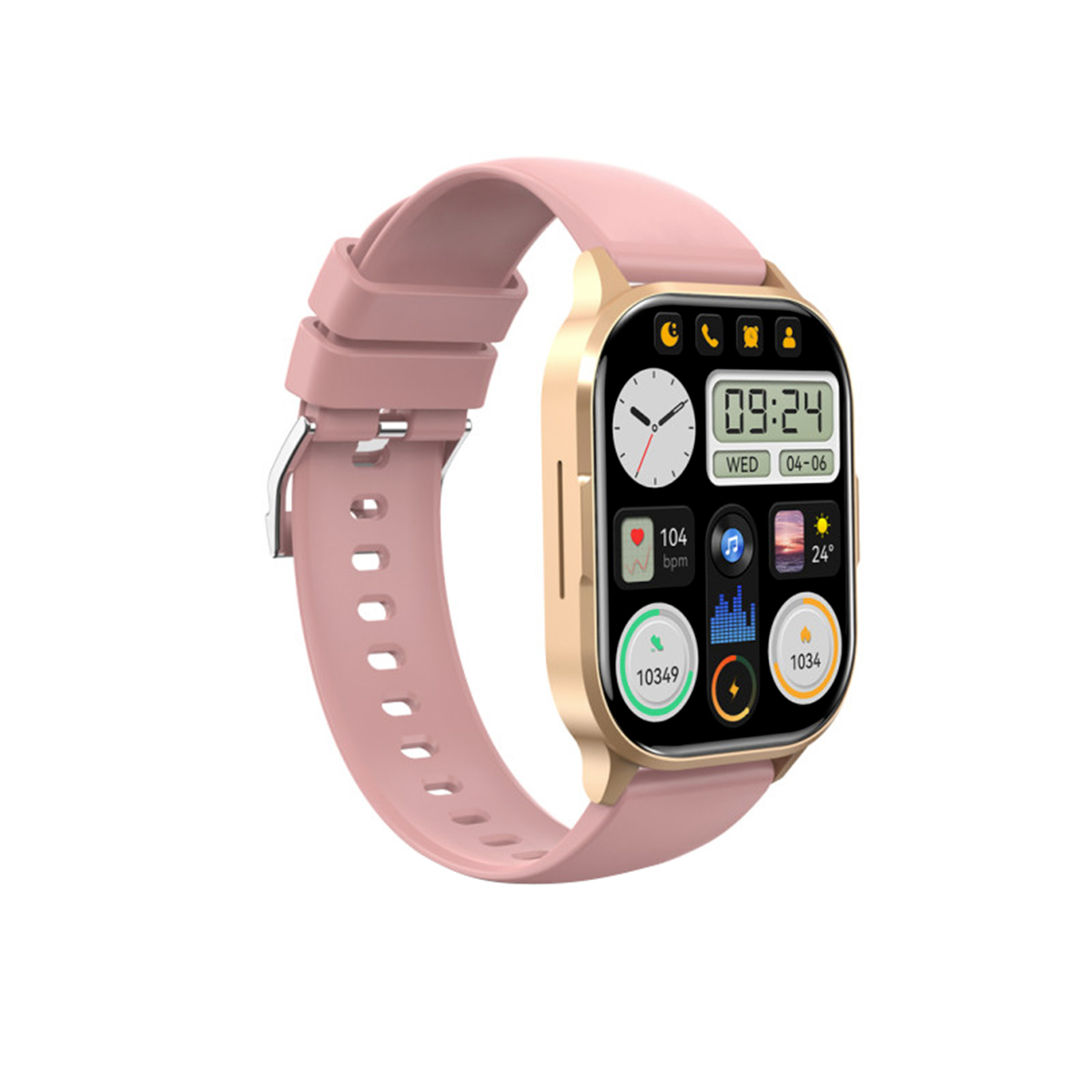 Rosa Smartwatch mit goldenem Gehäuse und digitalem Display auf weißem Hintergrund.