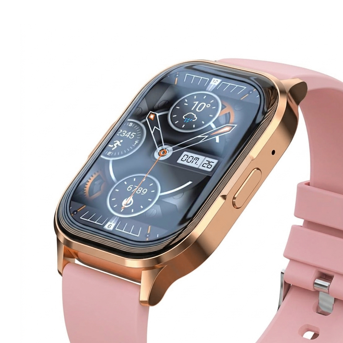 Eine roségoldene Smartwatch mit pinkem Silikonarmband und digitalem Display vor weißem Hintergrund.