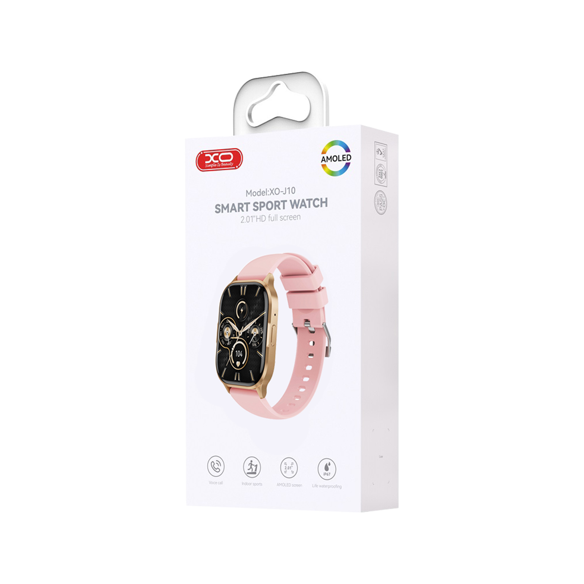 Weiße Produktbox für XO-J10 Smart Sport Watch mit rosa Armband, Goldgehäuse und Funktionssymbolen.