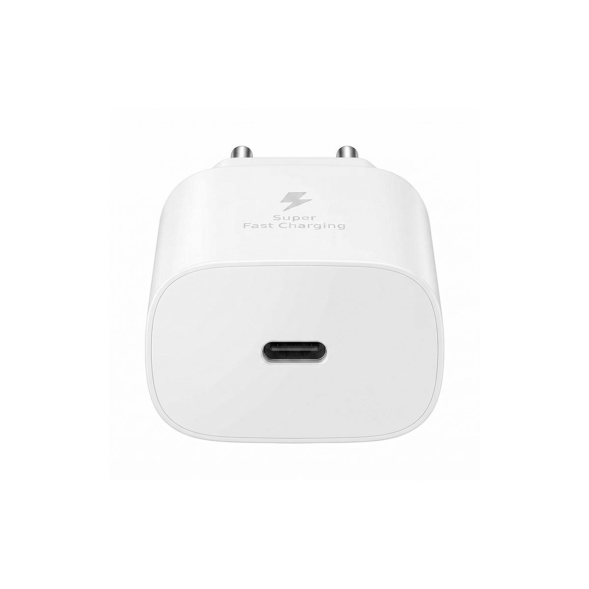 Adaptateur secteur blanc Super Fast Charging avec port USB-C, isolé sur fond blanc.