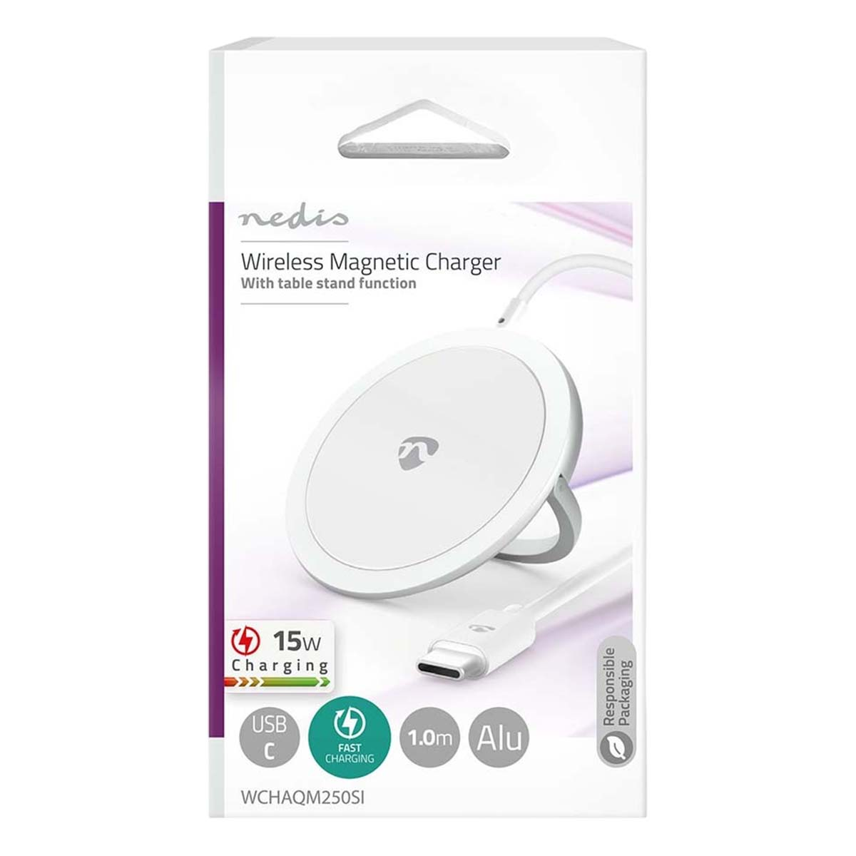 Verpackung eines weißen Nedis Wireless Magnetic Chargers mit USB-C-Kabel und Standfunktion.